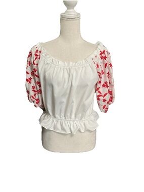 Calista White Peasant Blouse with Red Floral Puff Sleeves sz M